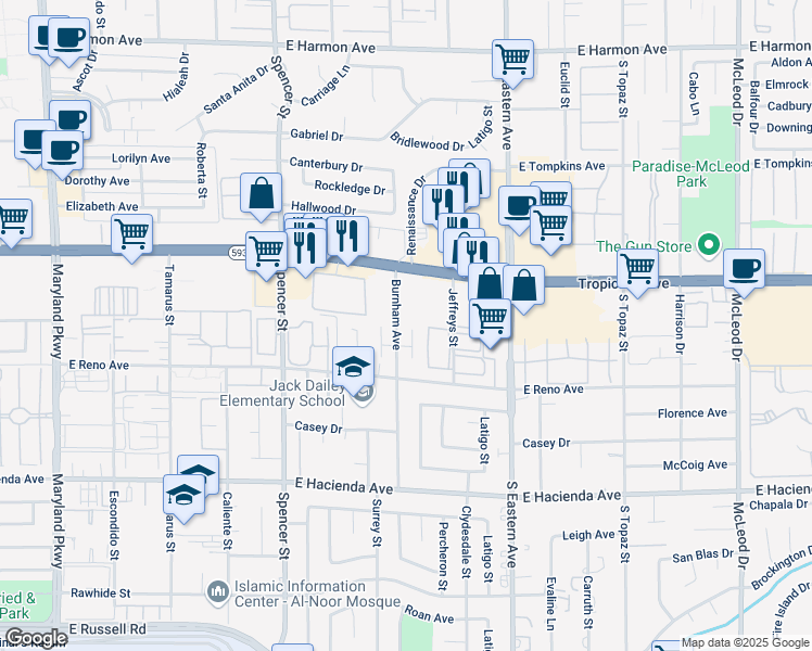 map of restaurants, bars, coffee shops, grocery stores, and more near 5005 Celebrity Circle in Las Vegas
