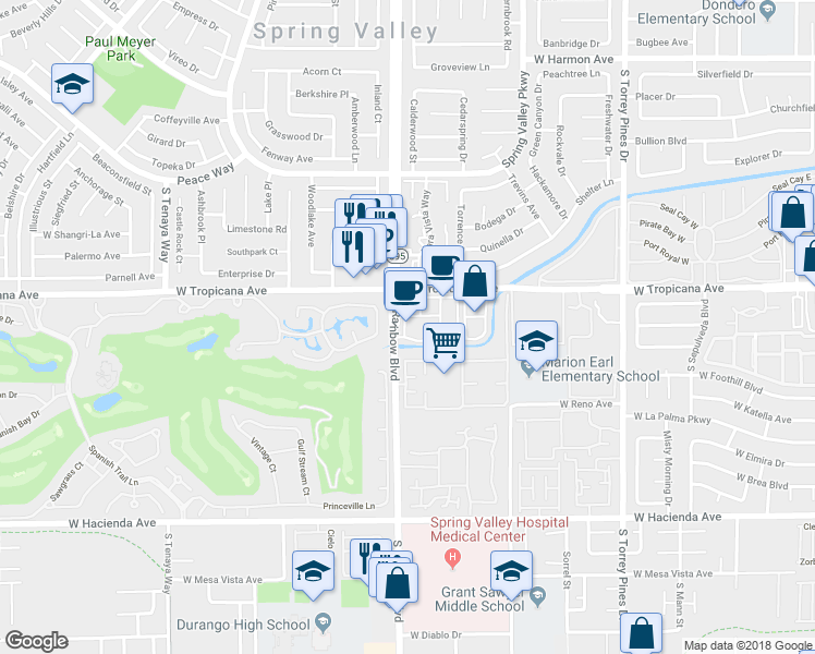 map of restaurants, bars, coffee shops, grocery stores, and more near 4950 South Rainbow Boulevard in Las Vegas