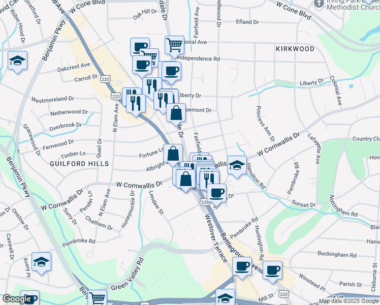 map of restaurants, bars, coffee shops, grocery stores, and more near 2302 Lawndale Drive in Greensboro