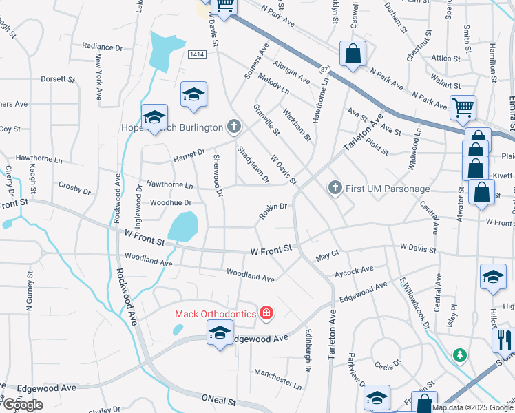 map of restaurants, bars, coffee shops, grocery stores, and more near 1400 Roslyn Drive in Burlington