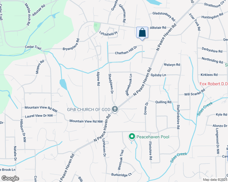 map of restaurants, bars, coffee shops, grocery stores, and more near 84 Shadylawn Drive in Winston-Salem