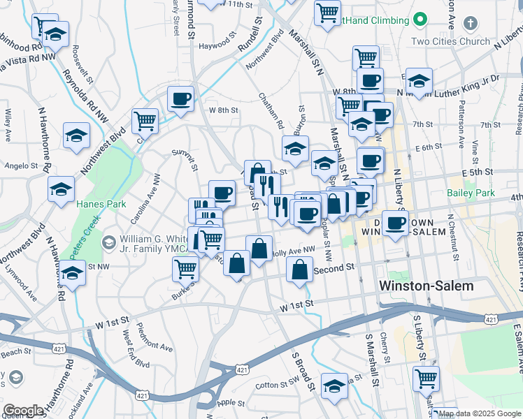 map of restaurants, bars, coffee shops, grocery stores, and more near 683 West 5th Street in Winston-Salem