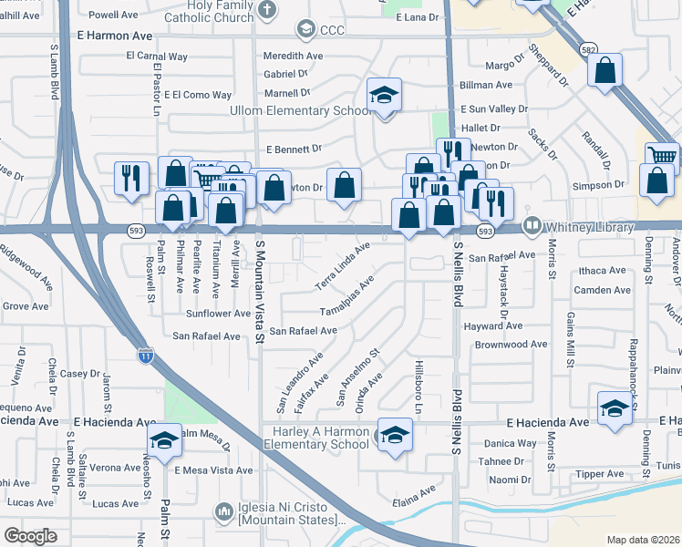 map of restaurants, bars, coffee shops, grocery stores, and more near 4967 Terra Circle in Las Vegas