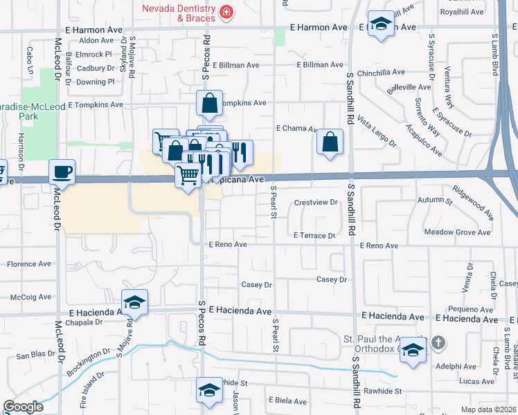 map of restaurants, bars, coffee shops, grocery stores, and more near 3570 Villa Knolls North Drive in Las Vegas