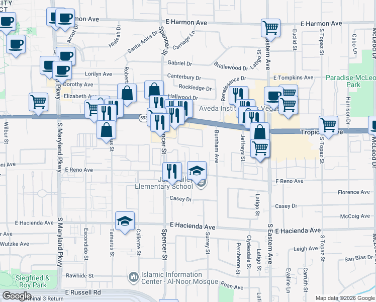 map of restaurants, bars, coffee shops, grocery stores, and more near 5008 Spencer Street in Las Vegas