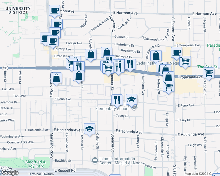 map of restaurants, bars, coffee shops, grocery stores, and more near 5010 Spencer Street in Las Vegas