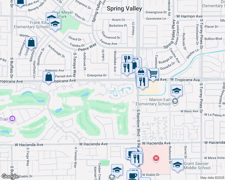 map of restaurants, bars, coffee shops, grocery stores, and more near 7025 Bright Springs Court in Las Vegas