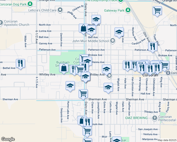 map of restaurants, bars, coffee shops, grocery stores, and more near 1016 Claire Avenue in Corcoran