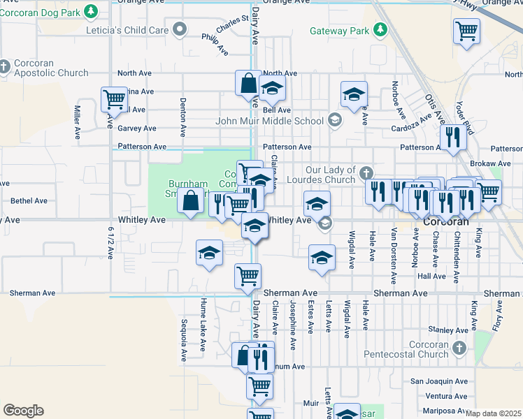 map of restaurants, bars, coffee shops, grocery stores, and more near 1016 Claire Avenue in Corcoran