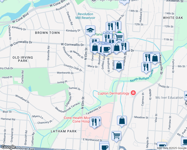 map of restaurants, bars, coffee shops, grocery stores, and more near 1828 North Elm Street in Greensboro