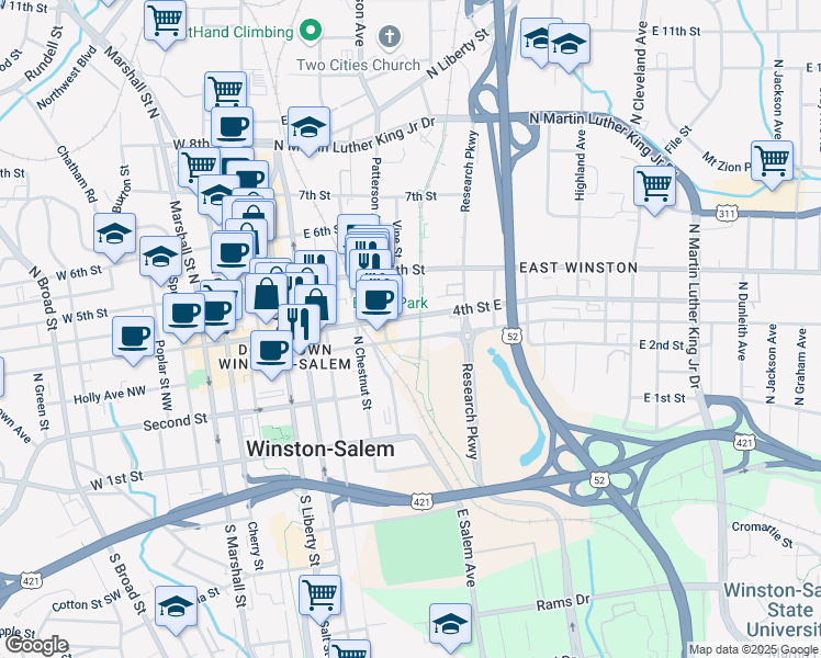 map of restaurants, bars, coffee shops, grocery stores, and more near 401 4th Street East in Winston-Salem