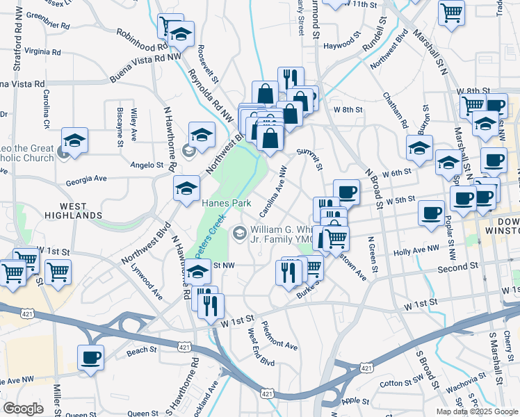map of restaurants, bars, coffee shops, grocery stores, and more near 608 West End Boulevard in Winston-Salem
