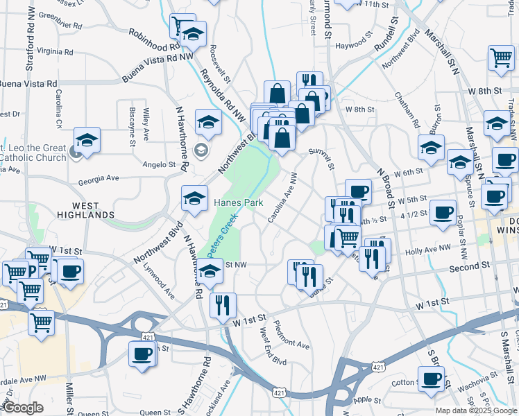 map of restaurants, bars, coffee shops, grocery stores, and more near 608 West End Boulevard in Winston-Salem