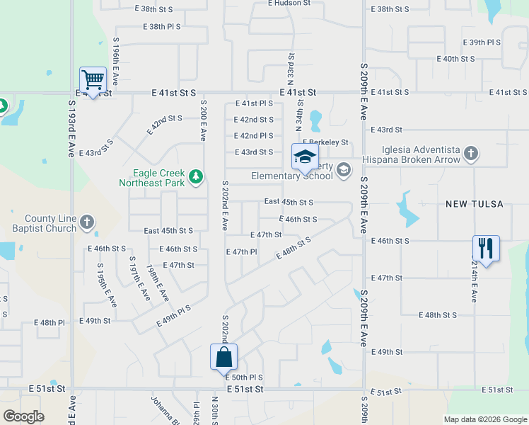 map of restaurants, bars, coffee shops, grocery stores, and more near 20464 East 45th Street South in Broken Arrow