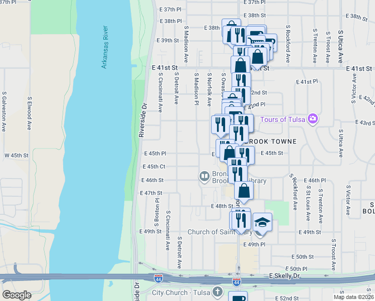 map of restaurants, bars, coffee shops, grocery stores, and more near 4349 South Detroit Avenue in Tulsa