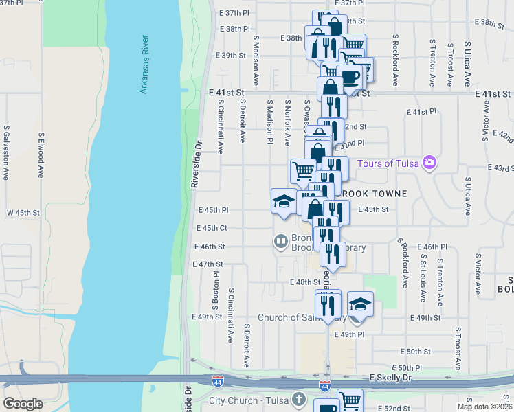 map of restaurants, bars, coffee shops, grocery stores, and more near 4349 South Detroit Avenue in Tulsa
