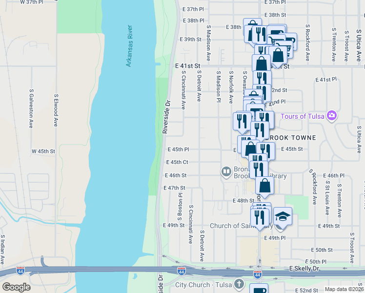 map of restaurants, bars, coffee shops, grocery stores, and more near 38 East 44th Street in Tulsa