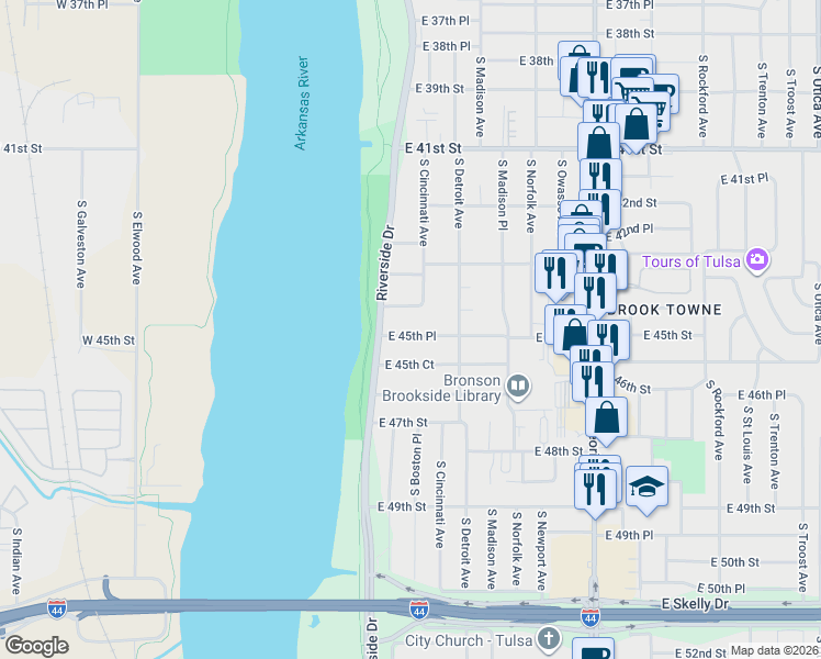 map of restaurants, bars, coffee shops, grocery stores, and more near 12 East 44th Street in Tulsa