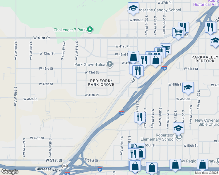 map of restaurants, bars, coffee shops, grocery stores, and more near 4404 South 36th West Avenue in Tulsa