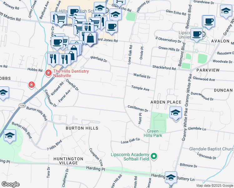 map of restaurants, bars, coffee shops, grocery stores, and more near 105 Oak Meadows Lane in Nashville