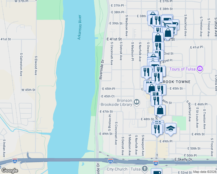 map of restaurants, bars, coffee shops, grocery stores, and more near 12 East 44th Street in Tulsa