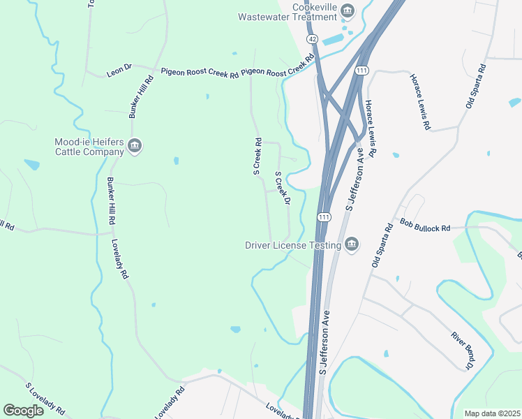 map of restaurants, bars, coffee shops, grocery stores, and more near 4525 South Creek Road in Cookeville