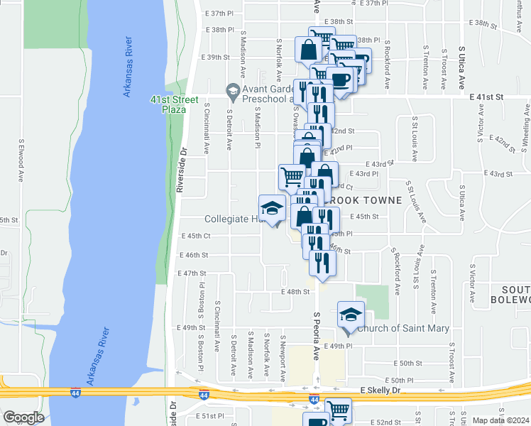 map of restaurants, bars, coffee shops, grocery stores, and more near 4505 South Madison Place in Tulsa