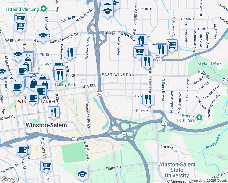 map of restaurants, bars, coffee shops, grocery stores, and more near 902 East 3rd Street in Winston-Salem
