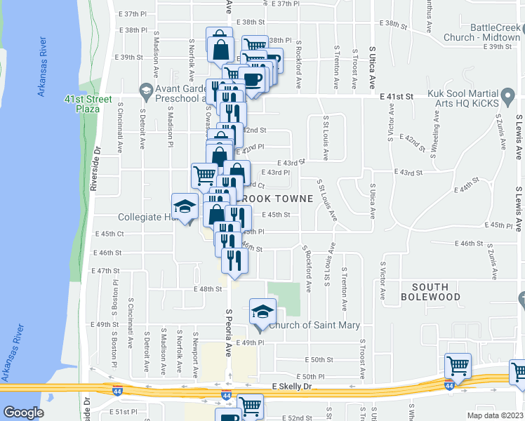 map of restaurants, bars, coffee shops, grocery stores, and more near 1345 East 45th Street in Tulsa