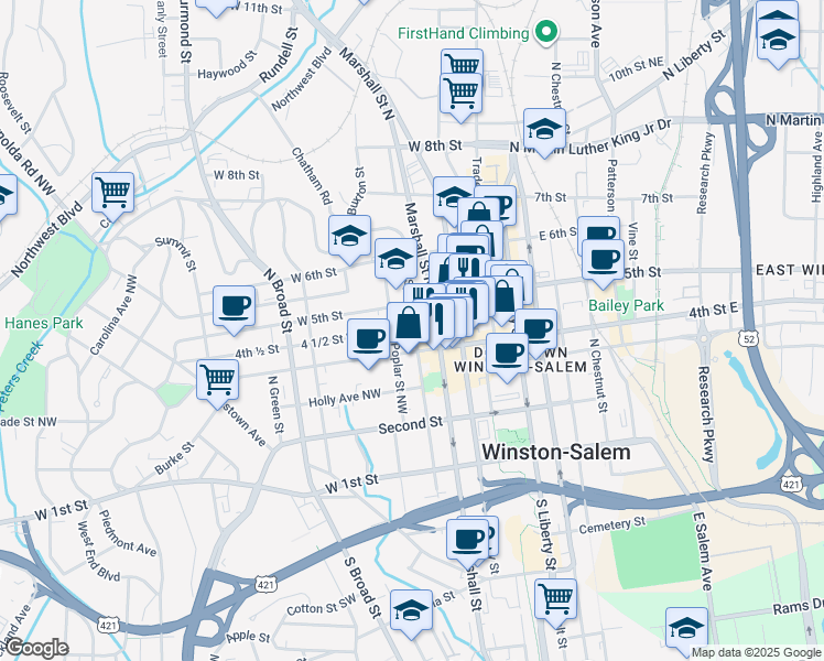 map of restaurants, bars, coffee shops, grocery stores, and more near 418 Marshall Street North in Winston-Salem