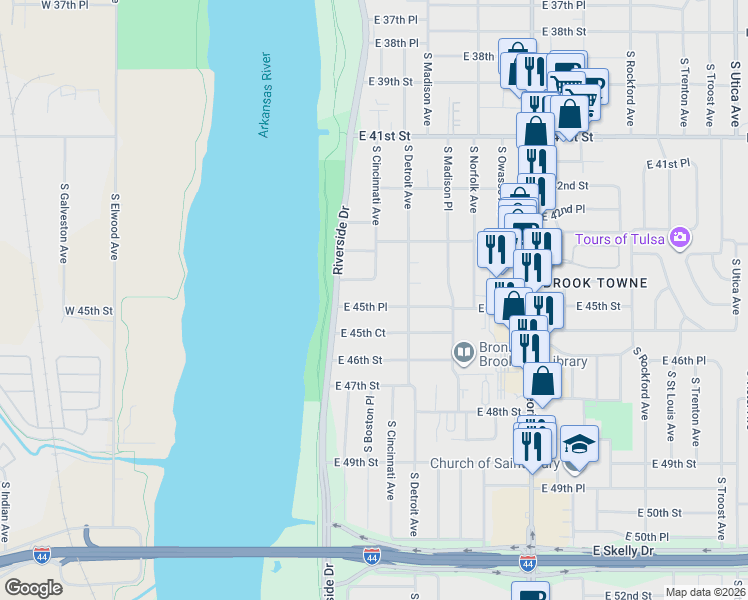 map of restaurants, bars, coffee shops, grocery stores, and more near 38 East 44th Street in Tulsa