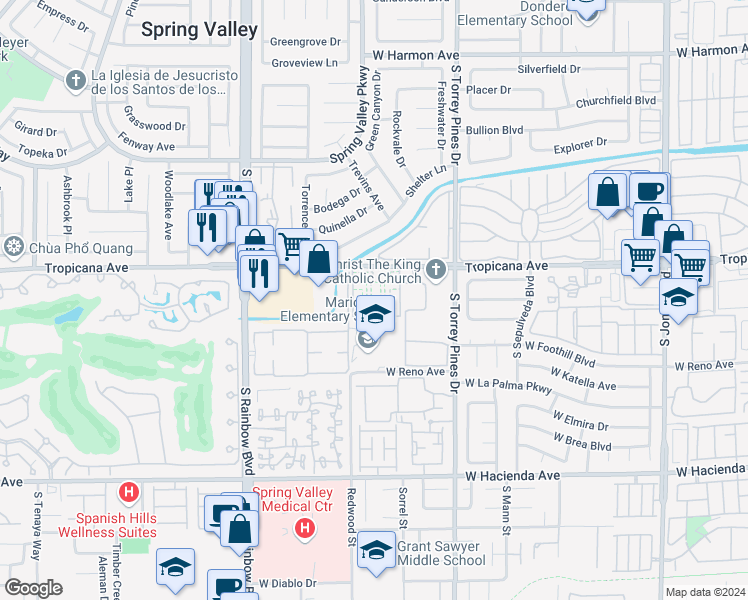 map of restaurants, bars, coffee shops, grocery stores, and more near 6663 West Tropicana Avenue in Las Vegas