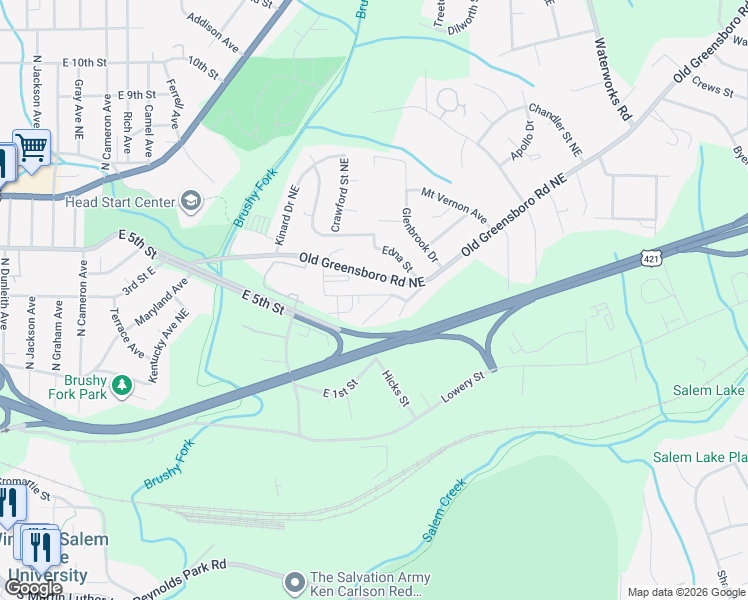 map of restaurants, bars, coffee shops, grocery stores, and more near 2239 Flag Street in Winston-Salem