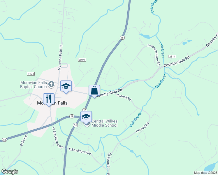 map of restaurants, bars, coffee shops, grocery stores, and more near 251 Plaza Drive in Wilkesboro