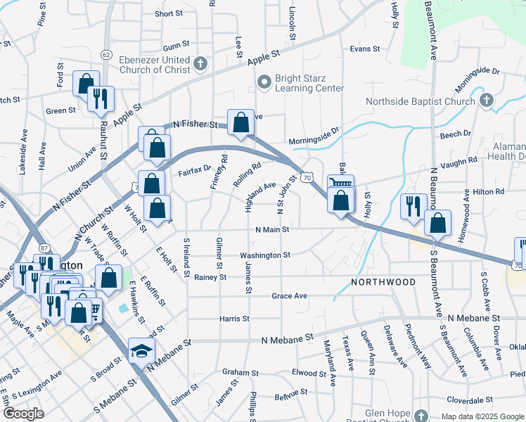 map of restaurants, bars, coffee shops, grocery stores, and more near 201 Highland Avenue in Burlington