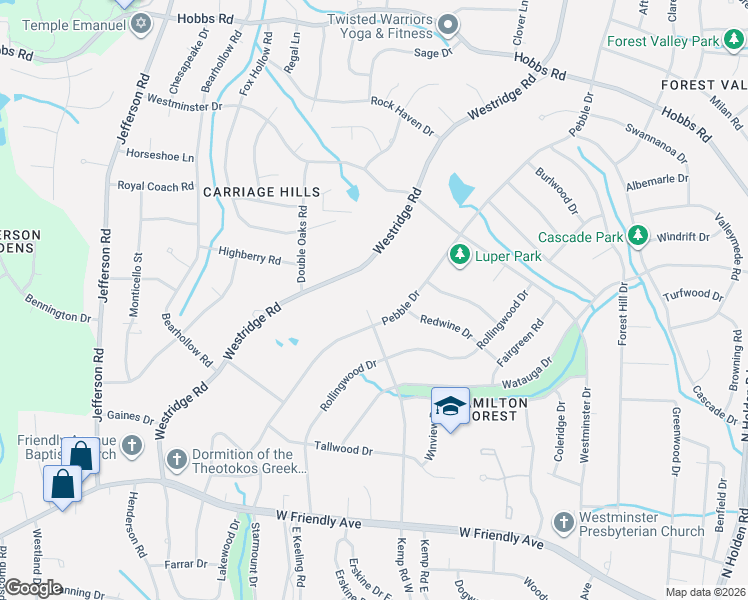 map of restaurants, bars, coffee shops, grocery stores, and more near 1114 Westridge Road in Greensboro