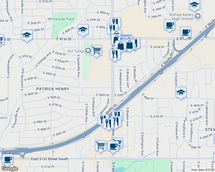 map of restaurants, bars, coffee shops, grocery stores, and more near 4587 East 45th Street in Tulsa