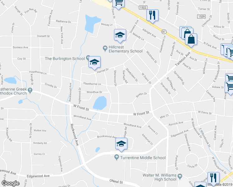 map of restaurants, bars, coffee shops, grocery stores, and more near 1118 Sherwood Drive in Burlington