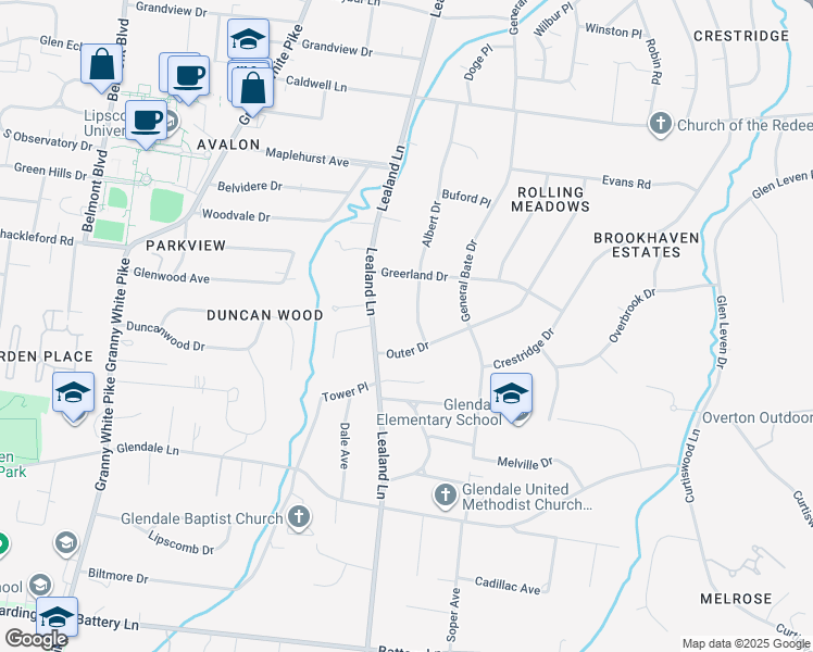 map of restaurants, bars, coffee shops, grocery stores, and more near 4110 Lealand Lane in Nashville