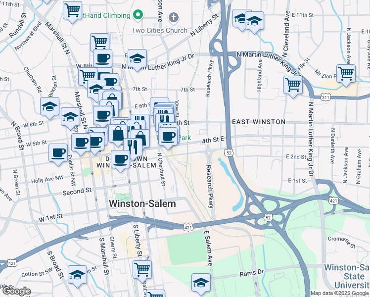 map of restaurants, bars, coffee shops, grocery stores, and more near 430 4th Street East in Winston-Salem