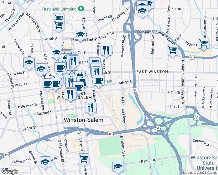 map of restaurants, bars, coffee shops, grocery stores, and more near 440 4th Street East in Winston-Salem