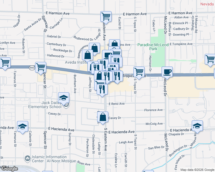 map of restaurants, bars, coffee shops, grocery stores, and more near 2415 East Tropicana Avenue in Las Vegas