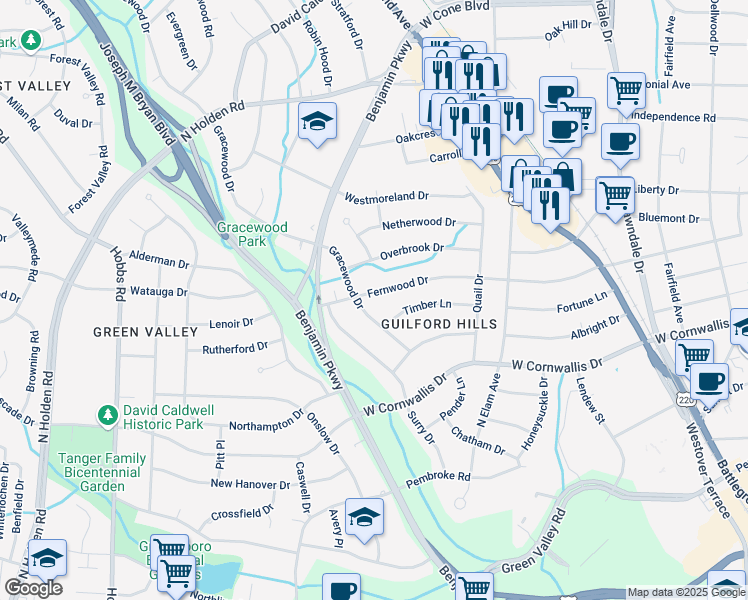 map of restaurants, bars, coffee shops, grocery stores, and more near 2535 Fernwood Drive in Greensboro