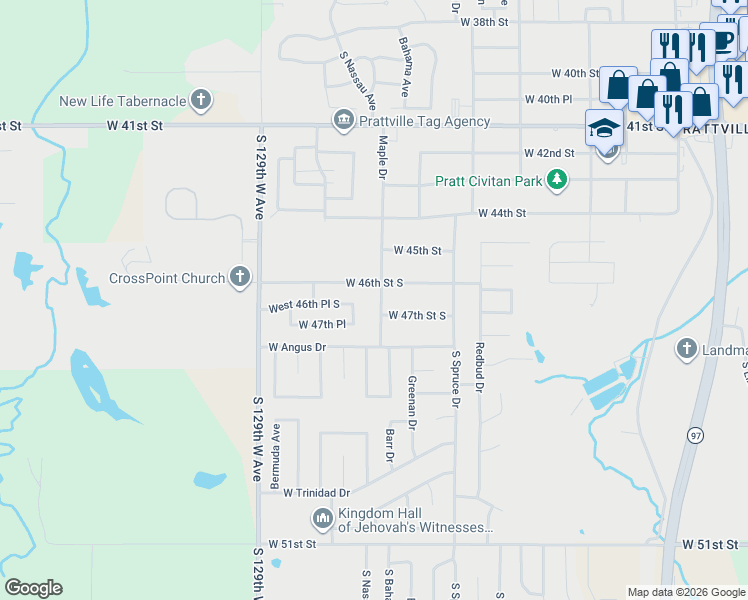 map of restaurants, bars, coffee shops, grocery stores, and more near 4600 Maple Drive in Sand Springs