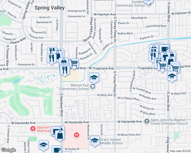 map of restaurants, bars, coffee shops, grocery stores, and more near 6647 West Tropicana Avenue in Las Vegas