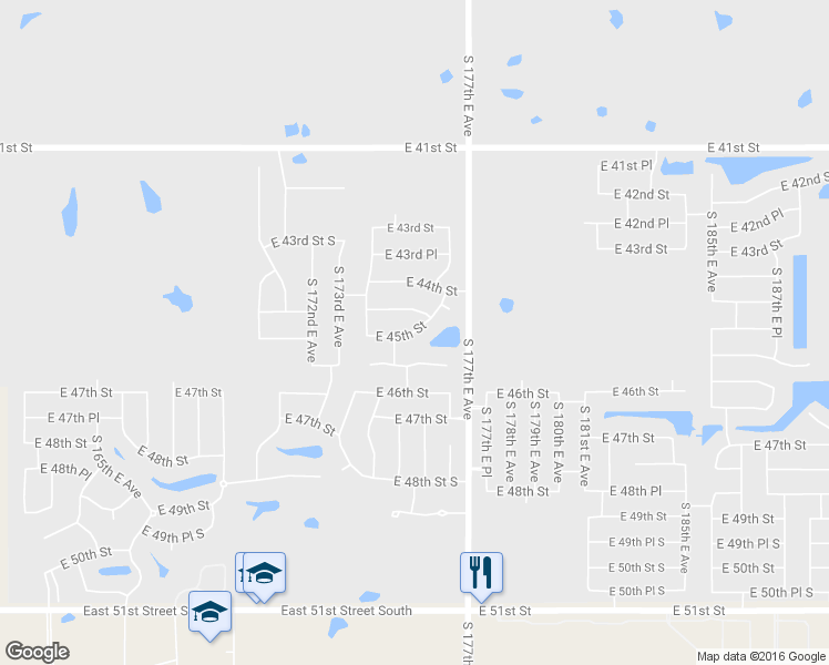 map of restaurants, bars, coffee shops, grocery stores, and more near 17512 East 45th Street in Tulsa