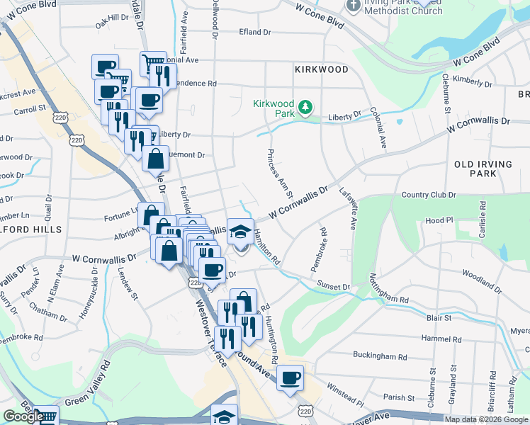 map of restaurants, bars, coffee shops, grocery stores, and more near 1302 W Cornwallis Dr in Greensboro