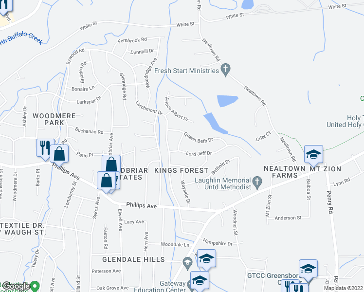map of restaurants, bars, coffee shops, grocery stores, and more near 1602 Lord Finwick Place in Greensboro