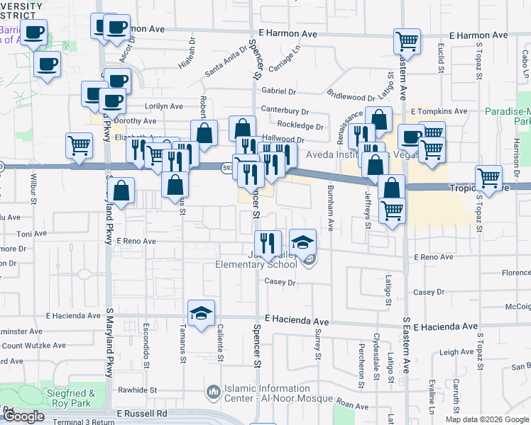 map of restaurants, bars, coffee shops, grocery stores, and more near 5010 Spencer Street in Las Vegas