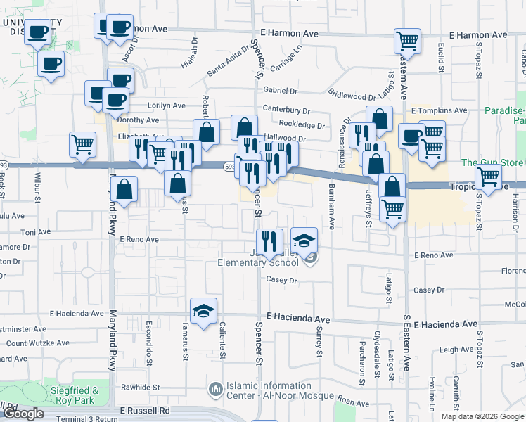 map of restaurants, bars, coffee shops, grocery stores, and more near 5010 Spencer Street in Las Vegas